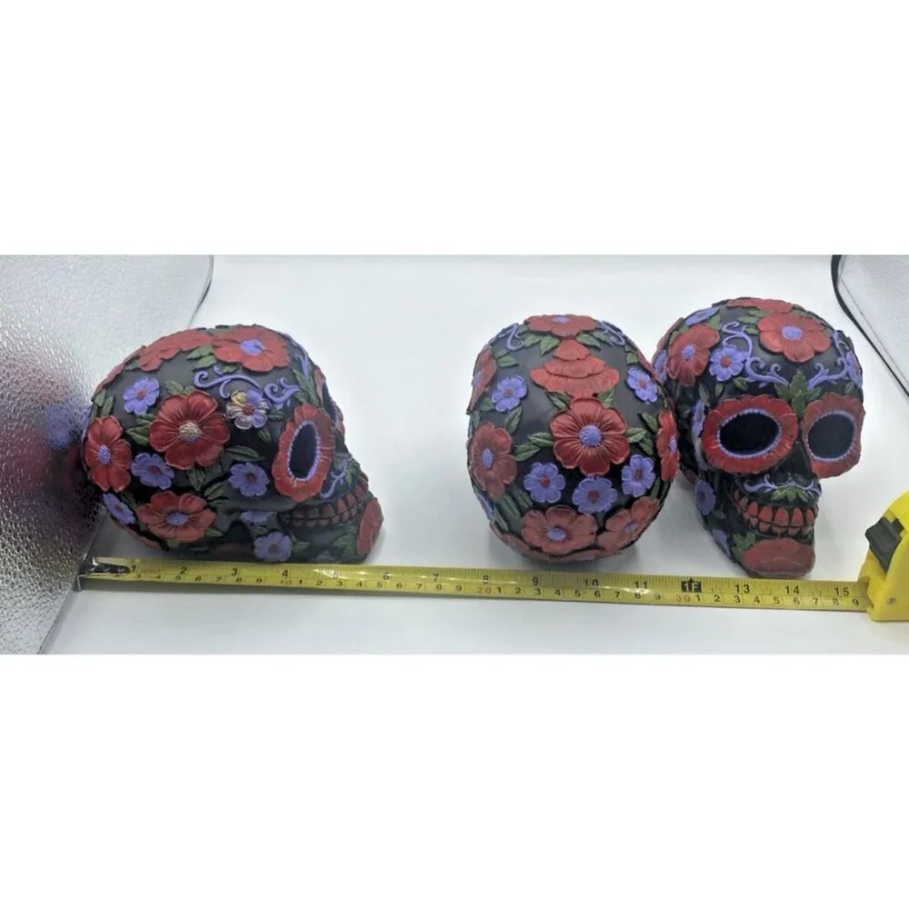 Lot of 3 Pacific Trading Sugar Skull Figurines Day of the Dead Black Floral DOD